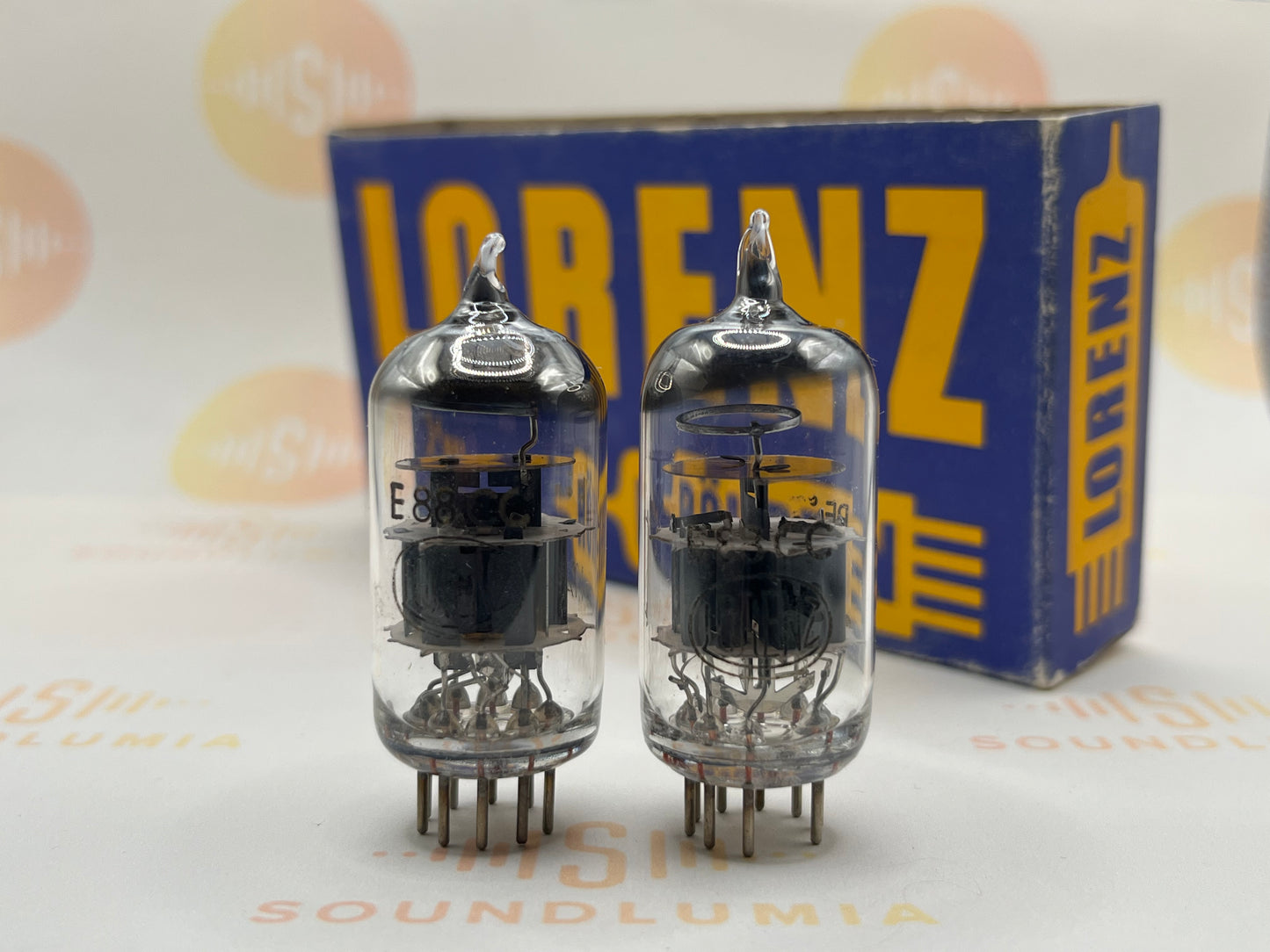 Lorenz E88CC 6922 vintage vacuum tubes black logo triple-mica steel pins Stuttgart 1950s matched pair NOS