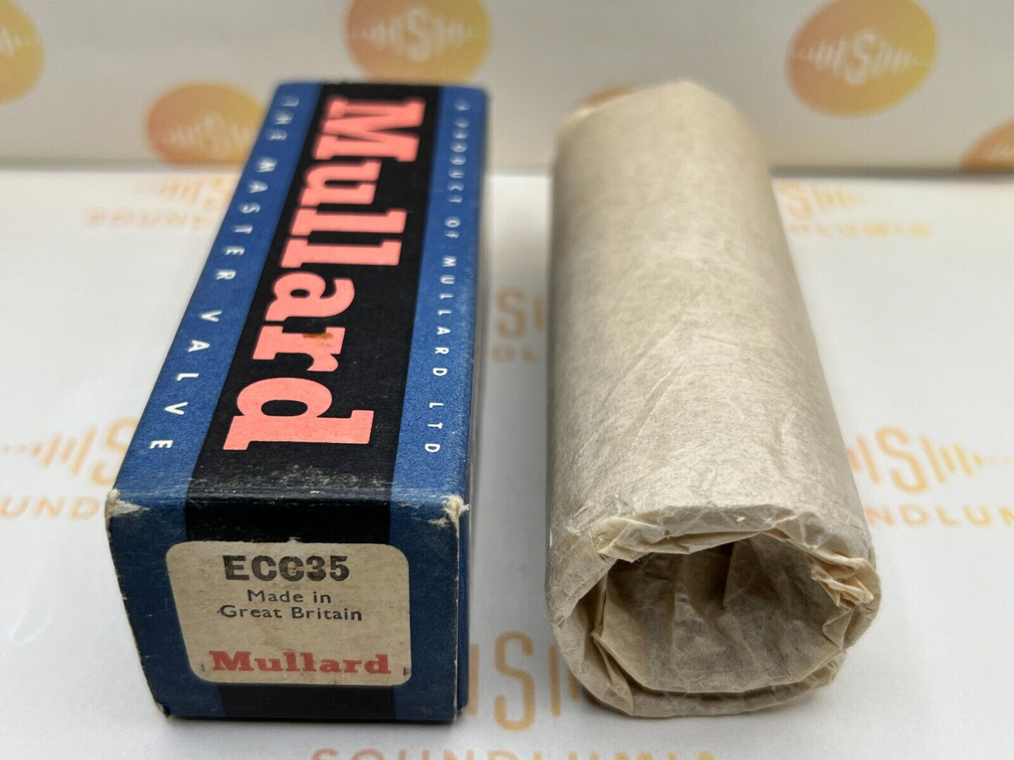 1x Mullard ECC35 CV569 6SL7GT Fat Brown Base Originalverpackung – Blackburn '57 – Neu im Karton