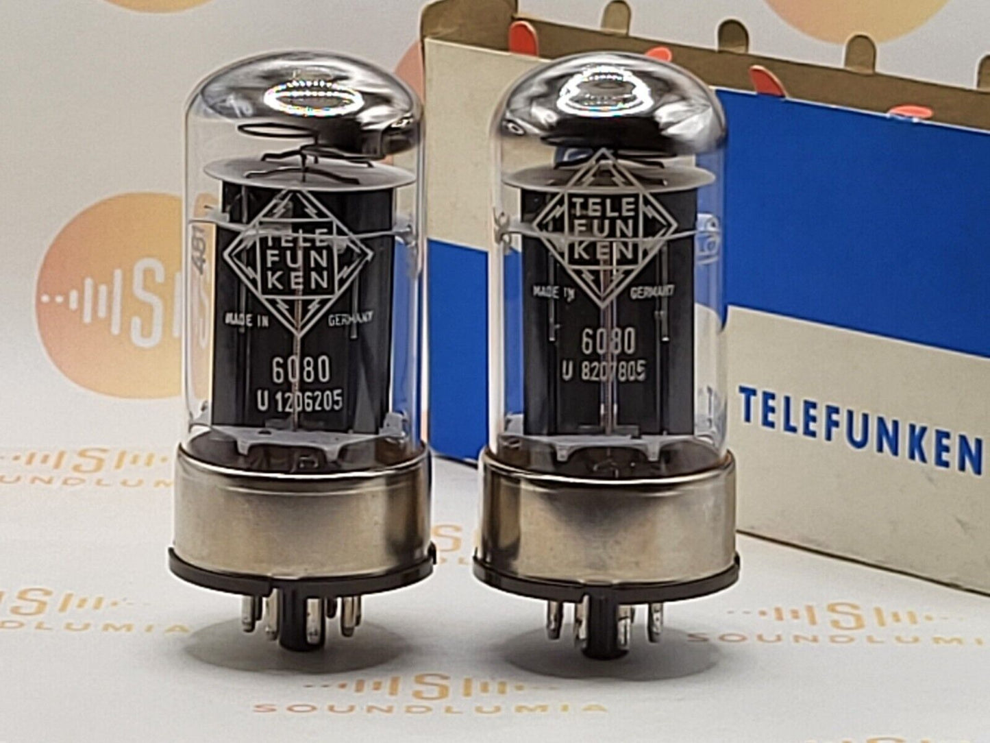 Telefunken 6080 OO Getter 3-Mica Blk Plates Metal Base-Mat. Pair Ulm '66/67 NOS+