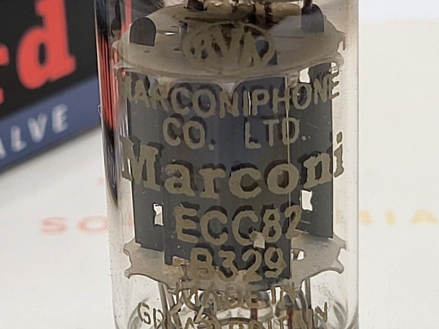 1x Mullard B329 (ECC82+) 17 mm lange Platten - Marconiphone Label - Mitcham 1959