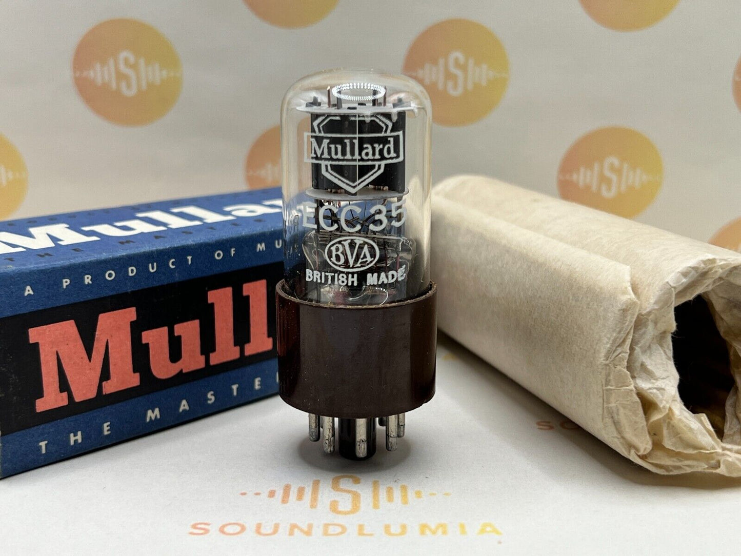 1x Mullard ECC35 CV569 6SL7GT Fat Brown Base Originalverpackung – Blackburn '57 – Neu im Karton