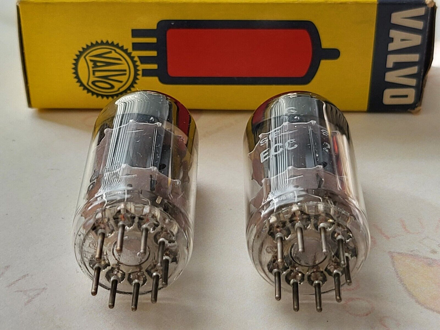 Valvo ECC82 12AU7 Matched Pair 30° Getter Green Tip - Siemens Logo/Hamburg 1961