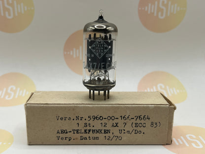 1x Telefunken 12AX7/ECC83 Smooth Plates ◇ Bottom Original Box - Ulm 1970 BWB Falcon - For US Military - NIB NOS