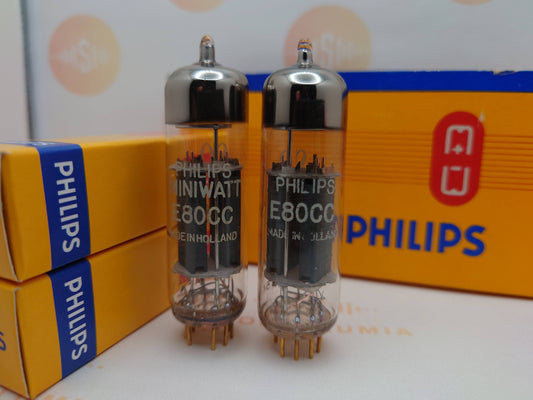 Philips SQ E80CC Matched Pair 6085 (ECC82 equiv.) O-getter Gold Pins - Heerlen 1965 - NOS