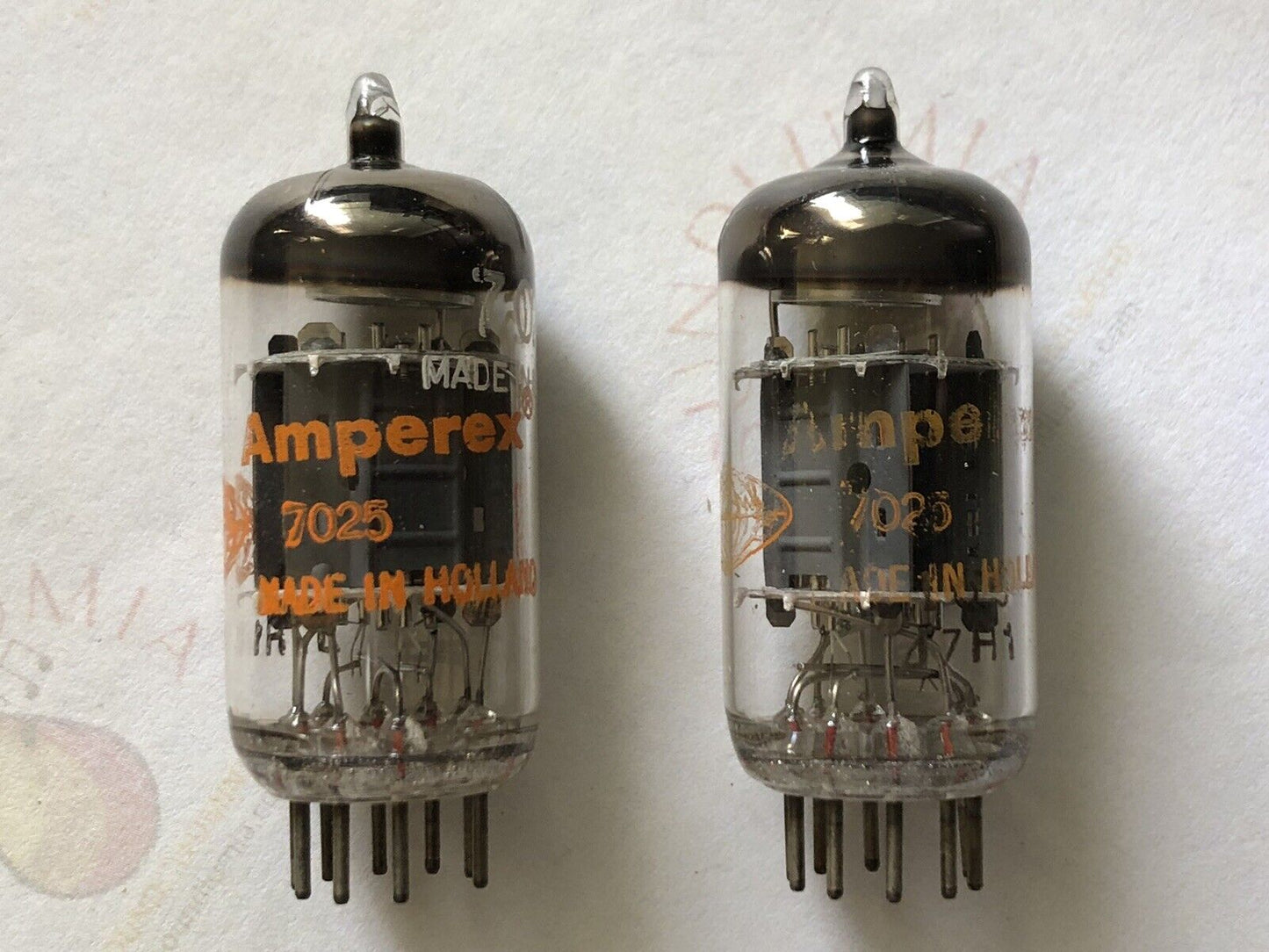 Amperex 7025 12AX7 Matched Pair - Holland 1967 - Orange Globe - Same code - NOS