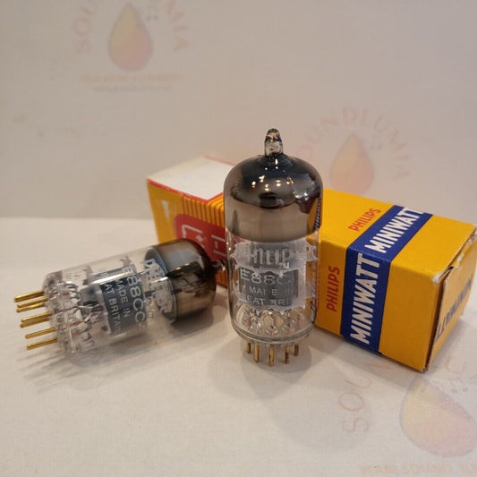 Mullard E88CC Röhren, passendes Paar – Mitcham 1973 – Philips-Label – gleicher Code – NOS