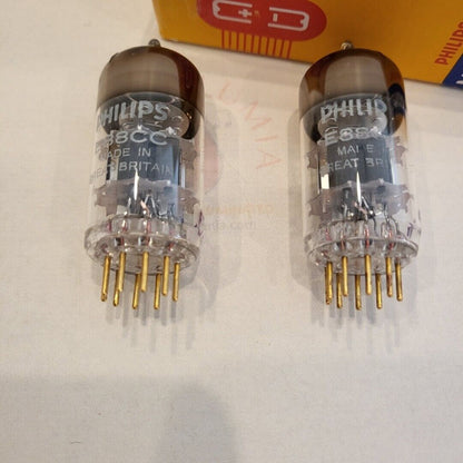 Mullard E88CC Röhren, passendes Paar – Mitcham 1973 – Philips-Label – gleicher Code – NOS